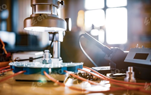 Preview: Modern microscope, connectors component and large green microcircuit in workshop laboratory