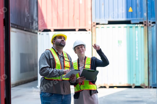 Preview: Warehouse engineer inspects the inside of a container with a customer at an industrial container yar