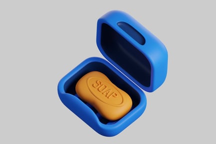 Preview: Blue soap dish with a yellow soap bar.