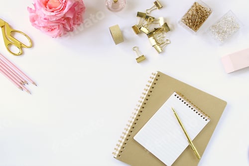 Preview: Elegant desk with pink and gold office supplies