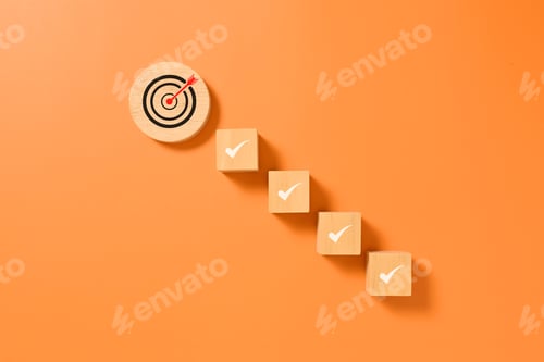 Preview: Wooden block of target goal with correct icons, Business strategy planning management, Business