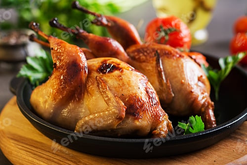 Preview: Baked quails in pan on a dark background