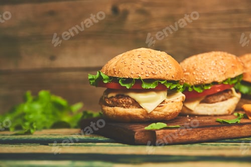 Preview: burger on wooden table