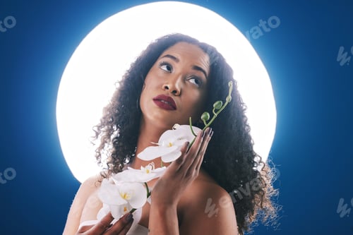 Preview: Beauty, circle light and woman with flowers for wellness, natural cosmetics and skincare in studio.