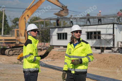 Preview: Two surveyor of construction engineer, architect, in hardhat working on construction site.