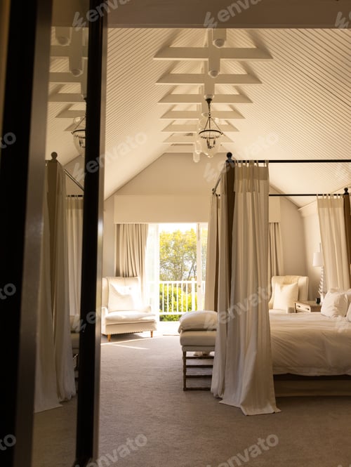 Preview: Elegant bedroom with canopy bed and cozy armchair, sunlight streaming in, copy space