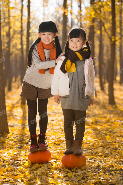Preview: Portrait of two girls standing on pumpkins in autumn woods