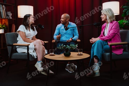 Preview: Content creators broadcasting live podcast interview using microphones