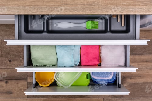 Preview: Drawer with cutlery, kitchen towels and lunch boxes