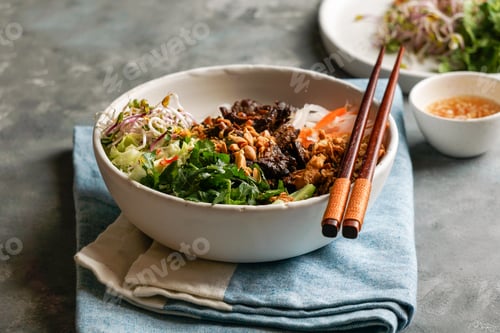 Preview: bowl of traditional Vietnamese noodle salad - Bun Bo Nam Bo, with beef, pickled vegetables sauce