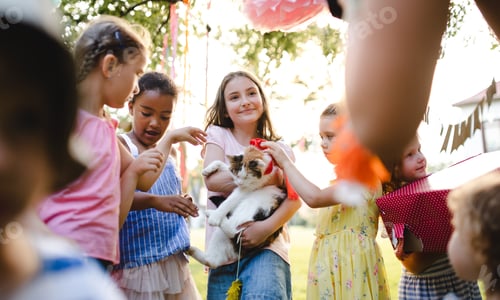 Preview: Small children outdoors in garden in summer, holding present pet cat