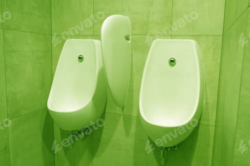 Preview: Modern Urinal Sinks In The Toilet With Green Lighting