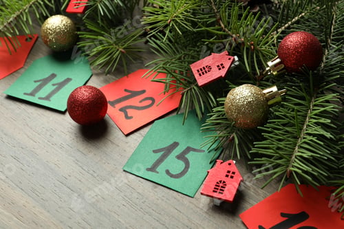 Preview: Advent calendar composition on wooden background, close up