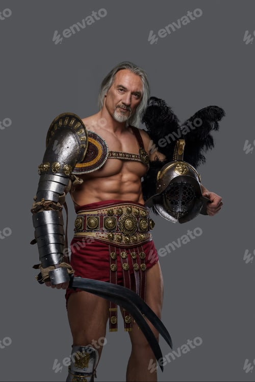 Preview: Gladiator of mature age dons lightweight armor, wielding a gladius