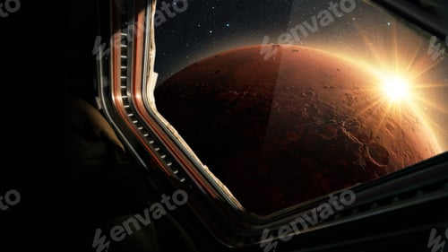 Preview: Spaceship flies near the amazing red planet Mars, view from the window