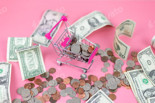 Preview: Cash and coins on a pink background