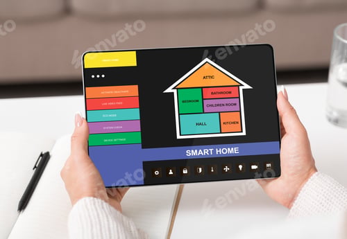 Preview: View of home button of technology interface surrounded by app, modern gadgets