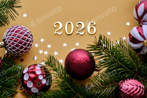 Visualização: Fundo amarelo de Ano Novo com o número do próximo ano de 2026.