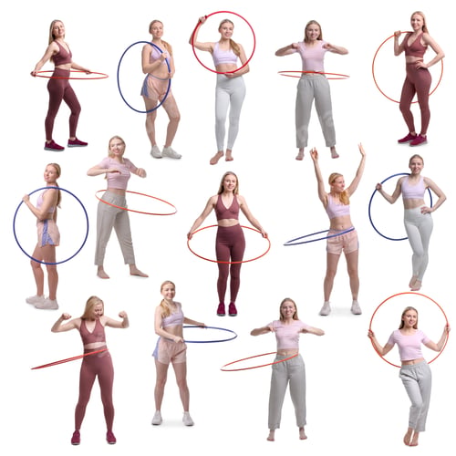Preview: Beautiful young woman training with hula hoops on white background, collage