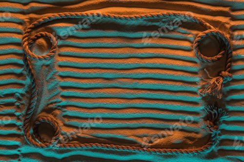 Preview: top view of straight lines and rope on sand with orange and blue lights and copy space