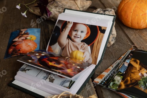 Preview: Open photo album with Halloween printed photos.
