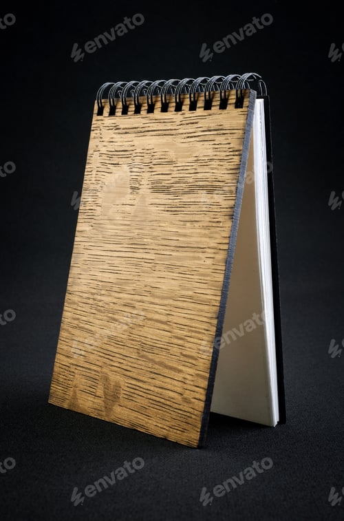 Preview: Wooden notebook on a dark background.