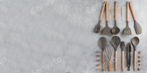 Preview: Banner set of kitchen utensils on a gray background. Copy space