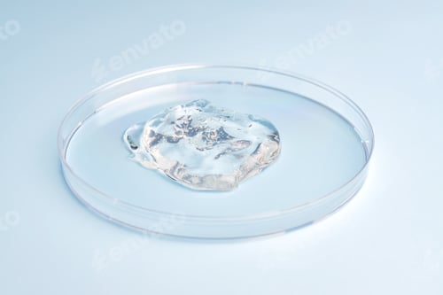 Preview: Petri dish with gel or cosmetic liquid on blue background. Transparent container with gel with bubbl