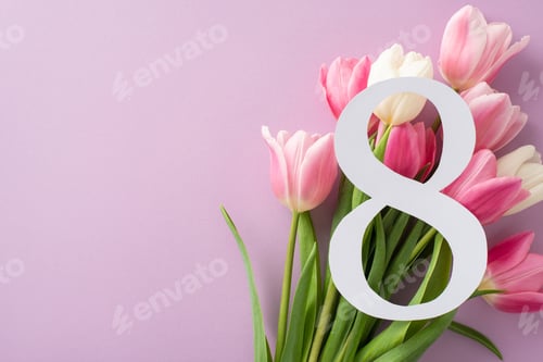Preview: Women's Day top view composition: The number 8, framed by a bouquet of tulips
