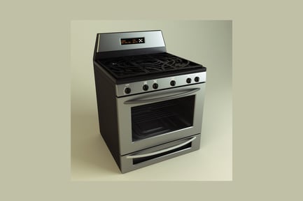 Preview: Gas range with open oven door and digital display