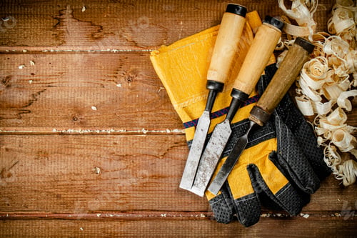 Preview: Chisels with wooden sawdust on the table.