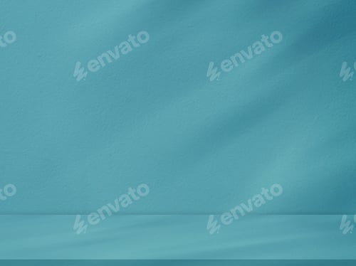 Preview: Blue Background Studio with Leaves shadow on concrete wall,Cyan Room with light on Cement Table Top