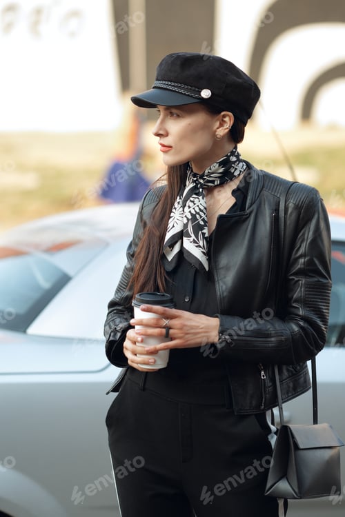 Preview: Attractive girl walking along the street with cup of coffee