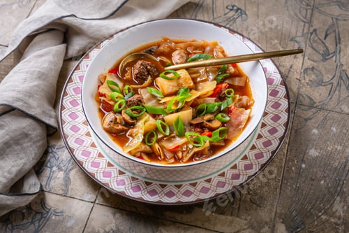 Preview: Healthy cabbage soup with meatballs, mushrooms and green onions, sauerkraut soup