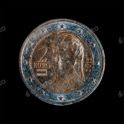 Preview: Closeup shot of 2 euro Austria coin with Bertha von Suttner isolated on the black background