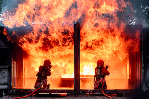 Preview: Firefighters safety using twirl water fog type fire extinguisher to fighting with fire from oil and