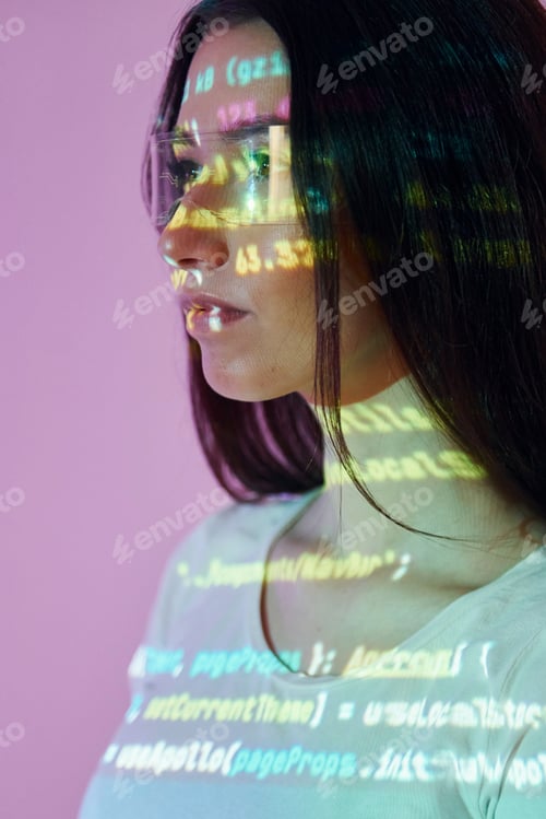 Preview: Front end programming language's scripts. Beautiful young woman is in projector neon lights