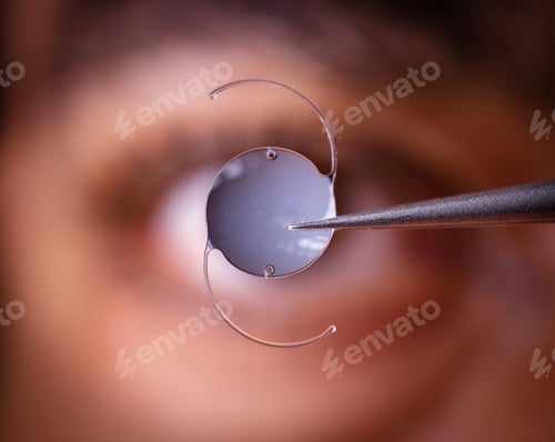 Preview: Intraocular lens held by tweezers with a blurred eye in the background.
