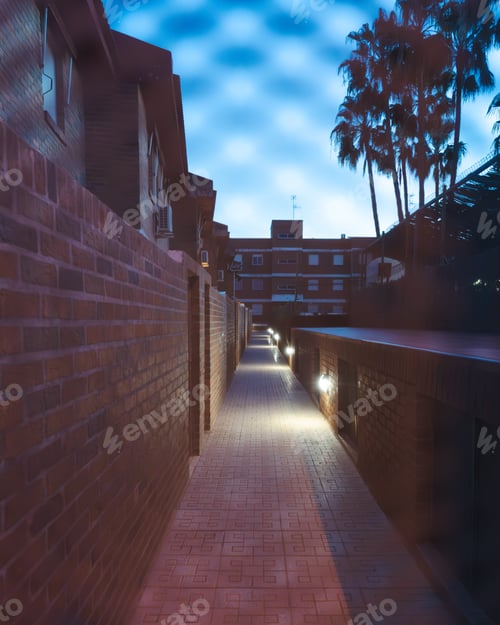 Preview: Narrow alley of brick walls at dusk with palm trees next to them