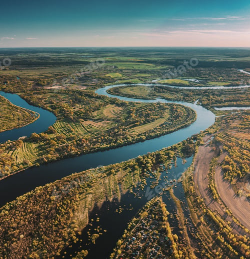 Preview: Village Near River, Aerial View Green Forest Woods And River Landscape In Sunny Spring Summer Day