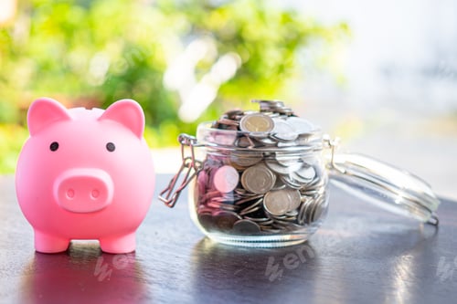 Preview: Save money coins in grass jar with piggy bank and graduation cap, Business finance education