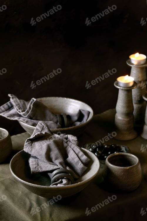 Preview: Rustic table setting with craft ceramic tableware