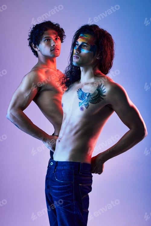 Preview: Skin, creativity and men art model for beauty with paint as artwork isolated in a purple studio bac