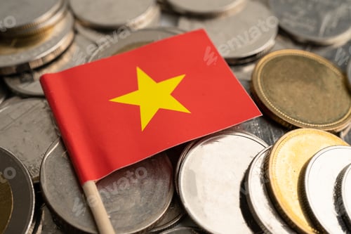 Preview: Stack of coins with China flag on white background. flag on white background.