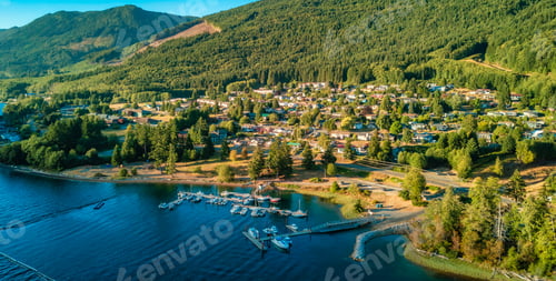 Preview: Small town on Pacific Ocean Coast. Aerial.