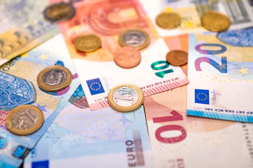 Preview: euro cash background, euro money banknotes, close-up