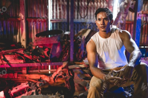 Preview: Young and handsome muscular and strop scrap material man in sleeveless shirt sitting on material