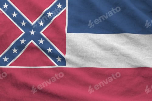Preview: Mississippi new US state flag depicted on folded wavy fabric of old cloth
