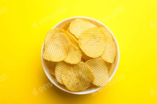 Preview: Delicious crispy potato chips in bowl on color background, top view