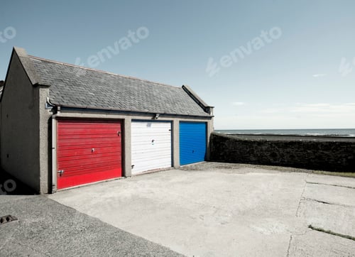 Preview: Garage doors painted red, white and blue, Johnshaven, Aberdeenshire, Scotland, UK